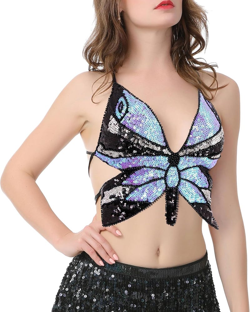 Mocure Womens Glitter Sequin Butterfly Crop Top Low-Cut Tank Top Rave Tube Vest Top for Belly Dance Costume Outfits - Image 3